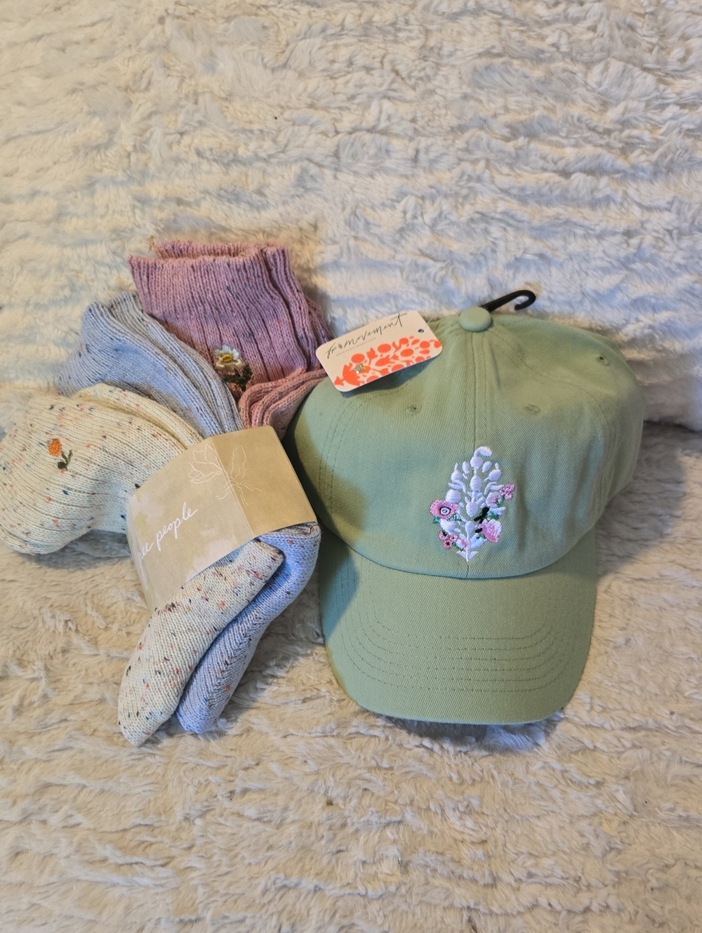 Free People Mint Green Floral Embroidered Cap With 3 Pair FP socks